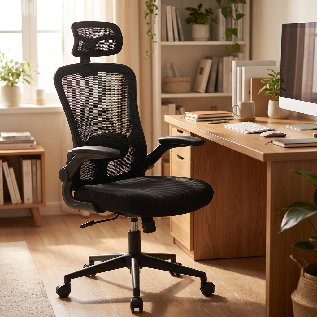 Black mesh high-back ergonomic office chair beside a desk in a home office