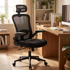 Black mesh high-back ergonomic office chair beside a desk in a home office