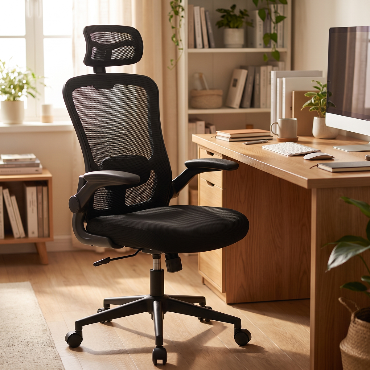 Black mesh high-back ergonomic office chair beside a desk in a home office