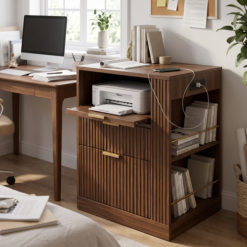 Black walnut three drawer lateral filing cabinet with printer on top in a home office