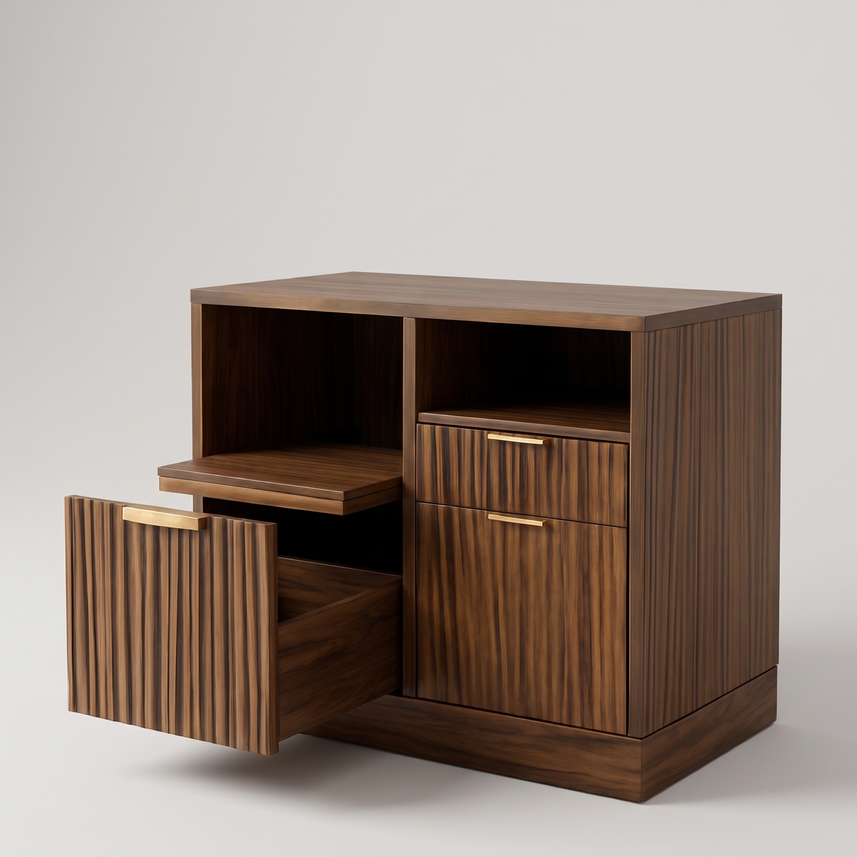 Black walnut three drawer lateral filing cabinet, studio product shot