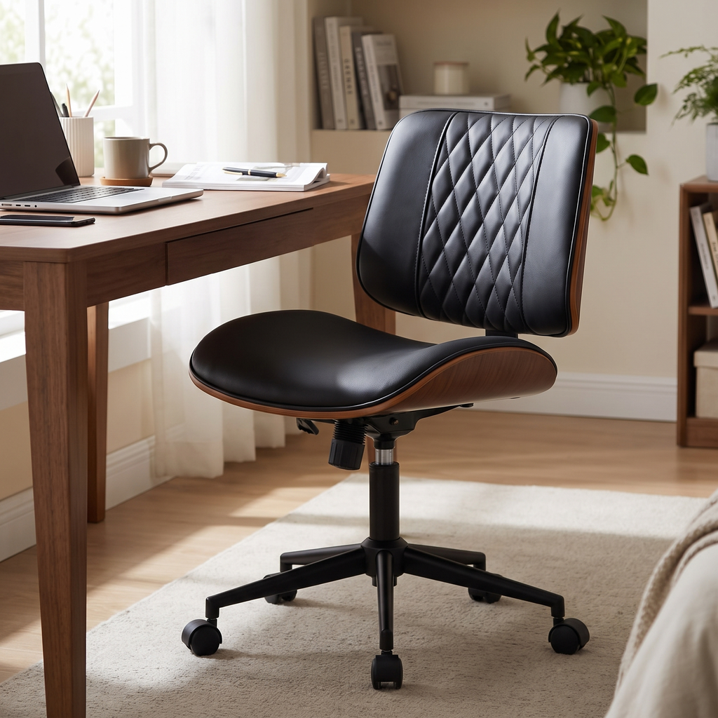 Armless PU leather swivel desk chair tucked under a desk in a home office