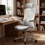 Ergonomic mesh office chair with headrest beside a desk in a home office