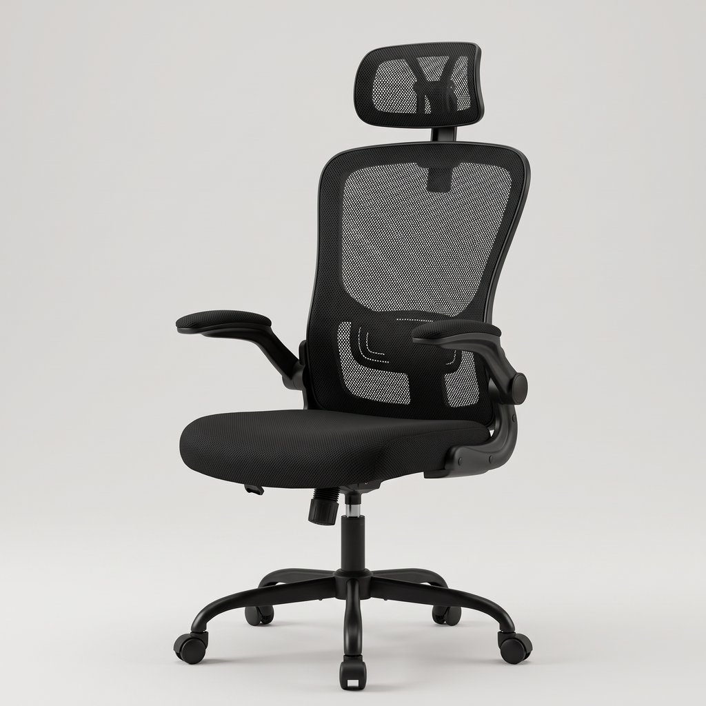 Black mesh high-back ergonomic office chair, studio product shot