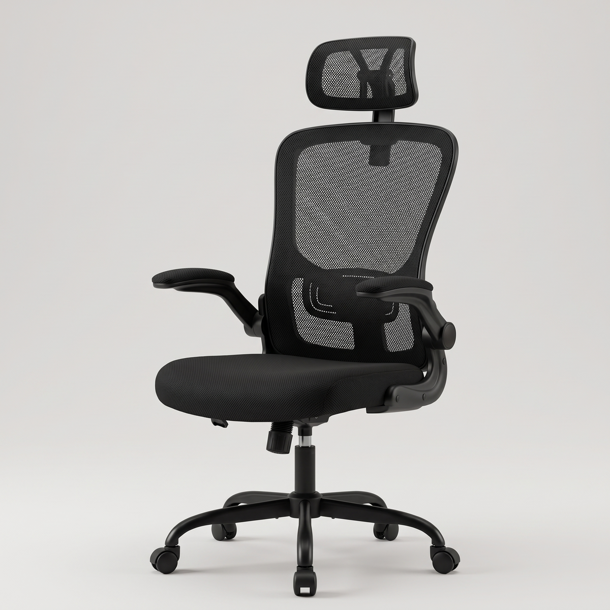Black mesh high-back ergonomic office chair, studio product shot