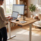 Electric standing desk with memory presets raised to standing height in a home office