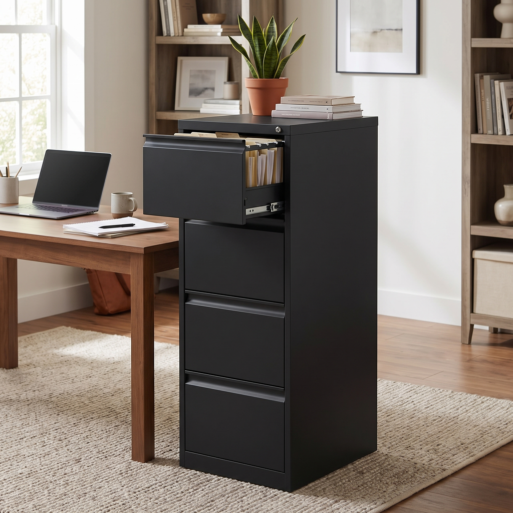 Four drawer vertical locking filing cabinet beside a desk in a home office