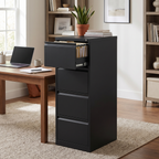 Four drawer vertical locking filing cabinet beside a desk in a home office