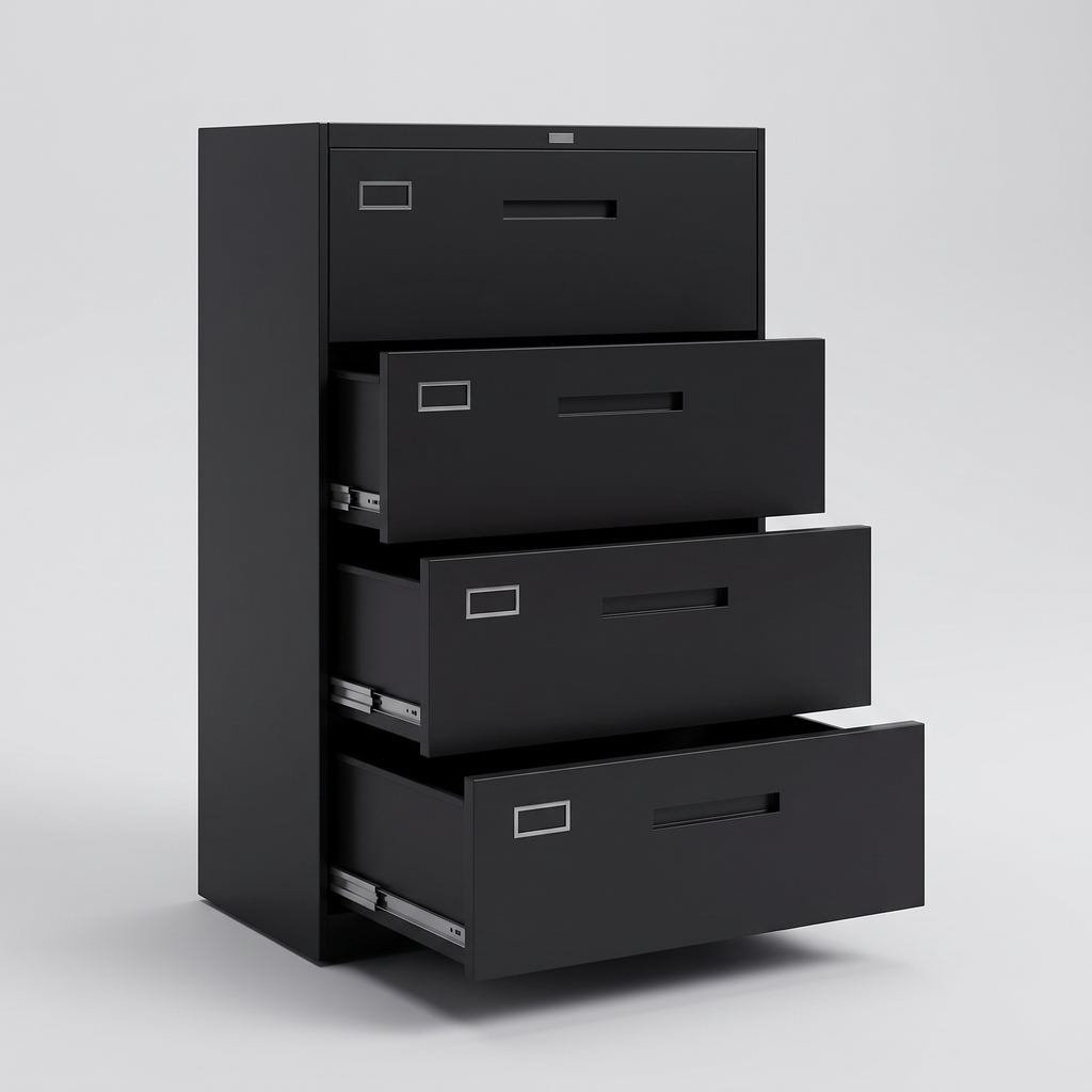 Black metal lateral filing cabinet, studio product shot