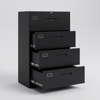 Black metal lateral filing cabinet, studio product shot