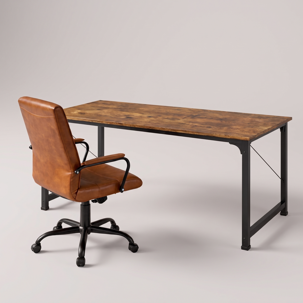 Rustic computer desk and leather chair set, studio product shot