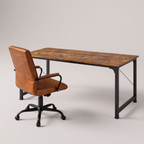 Rustic computer desk and leather chair set, studio product shot