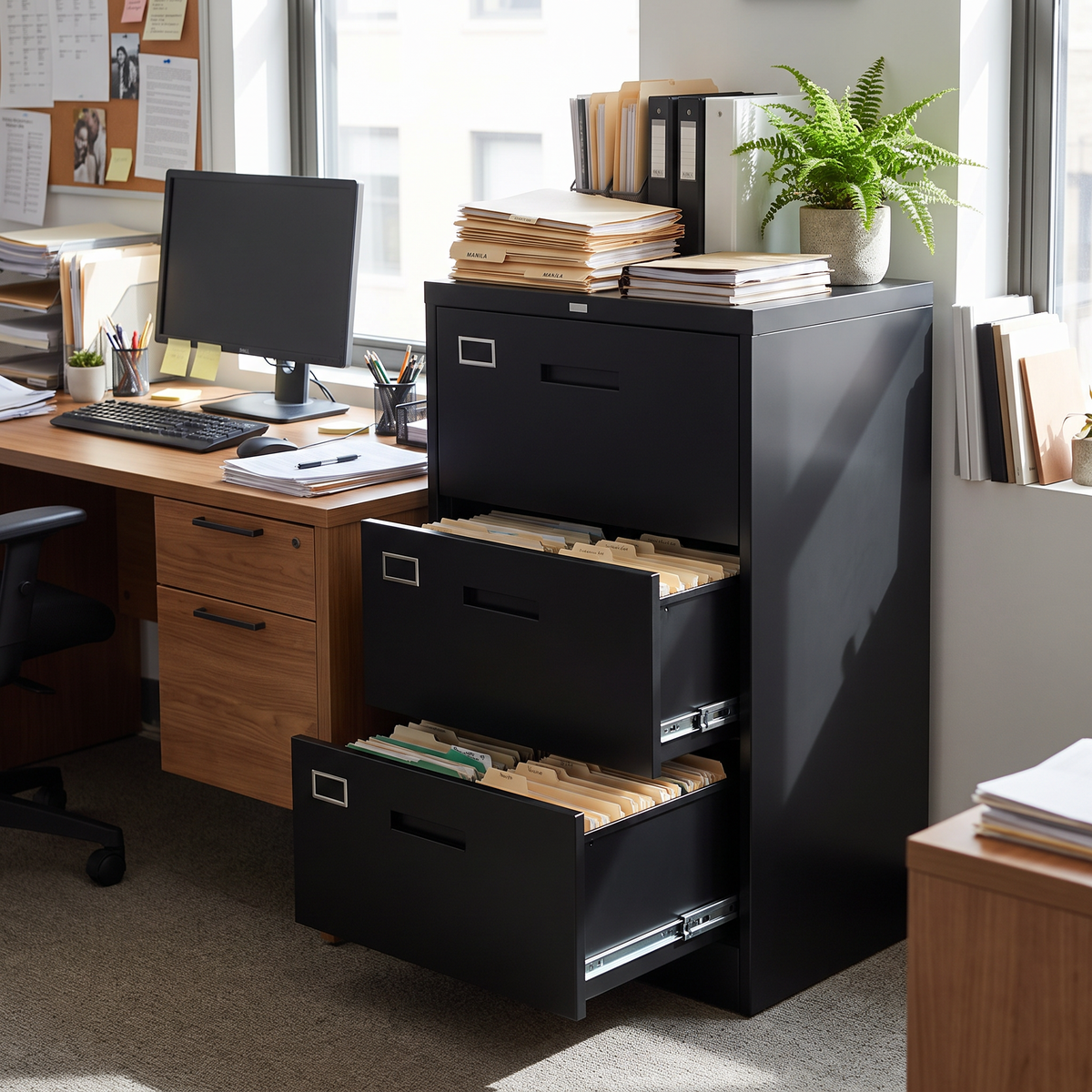 Black metal lateral filing cabinet beside a desk in an office