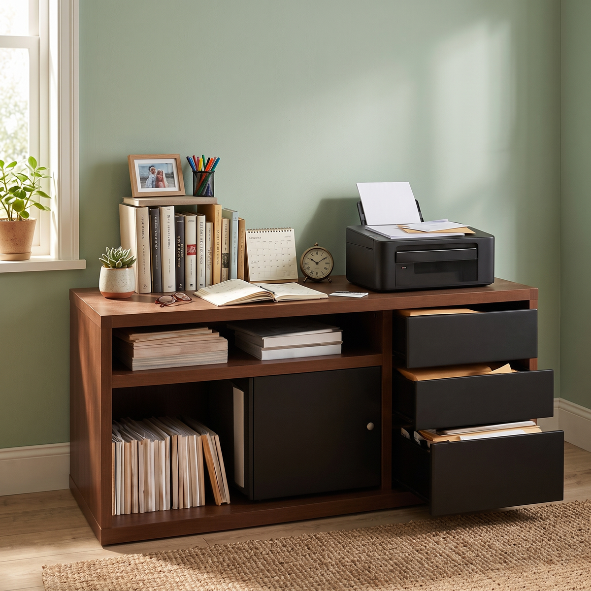 60 inch filing cabinet with adjustable shelf storage in a home office