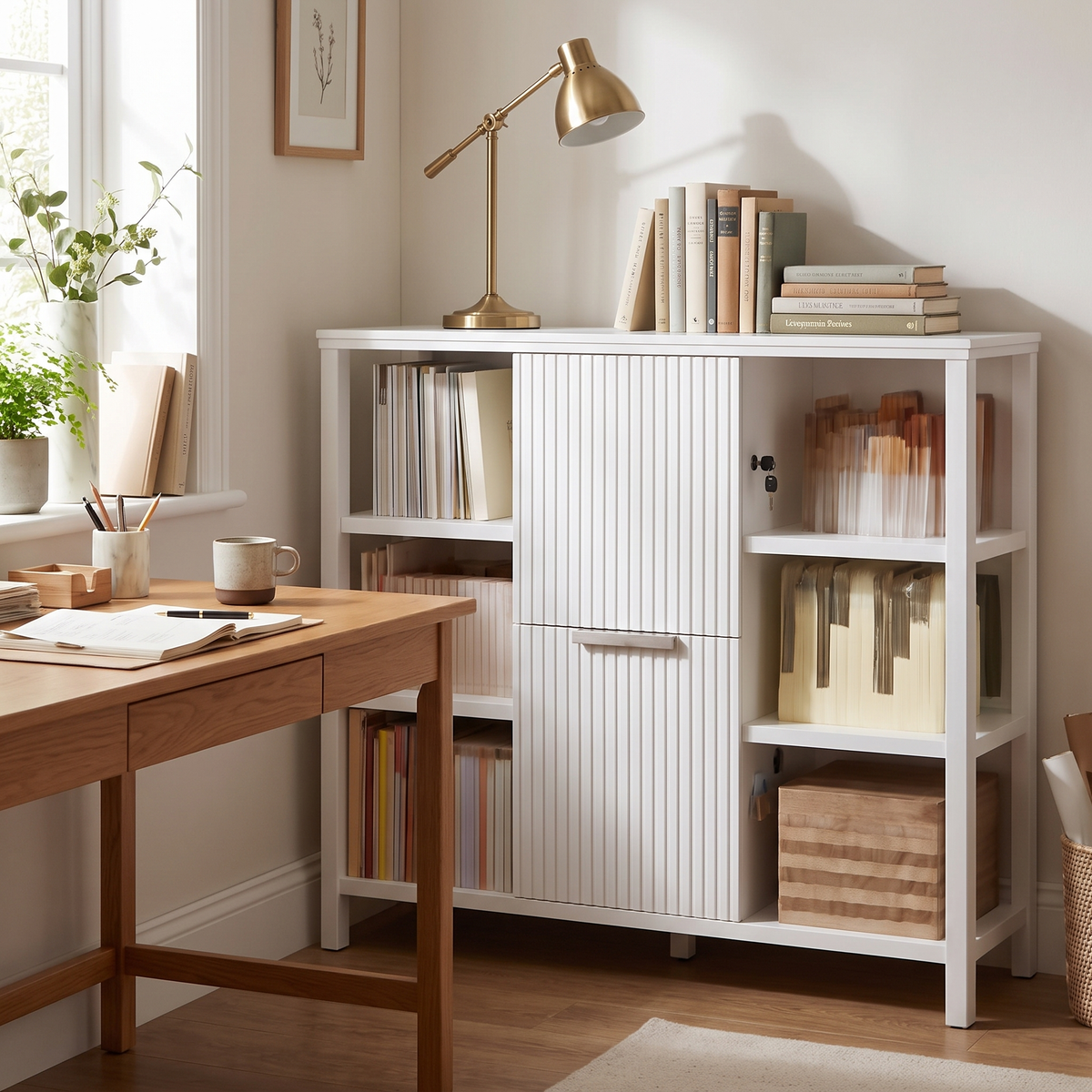 White fluted oak locking filing cabinet beside a desk in a home office