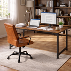 Rustic computer desk with brown leather executive chair in a home office