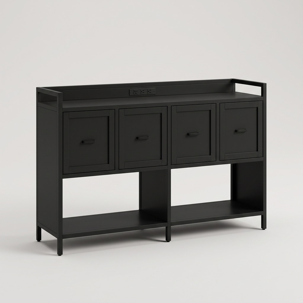 Black 43 inch filing cabinet with power outlet, studio product shot