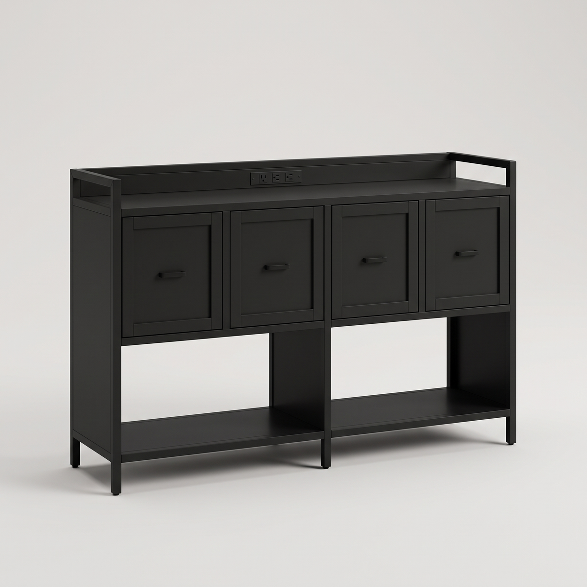 Black 43 inch filing cabinet with power outlet, studio product shot