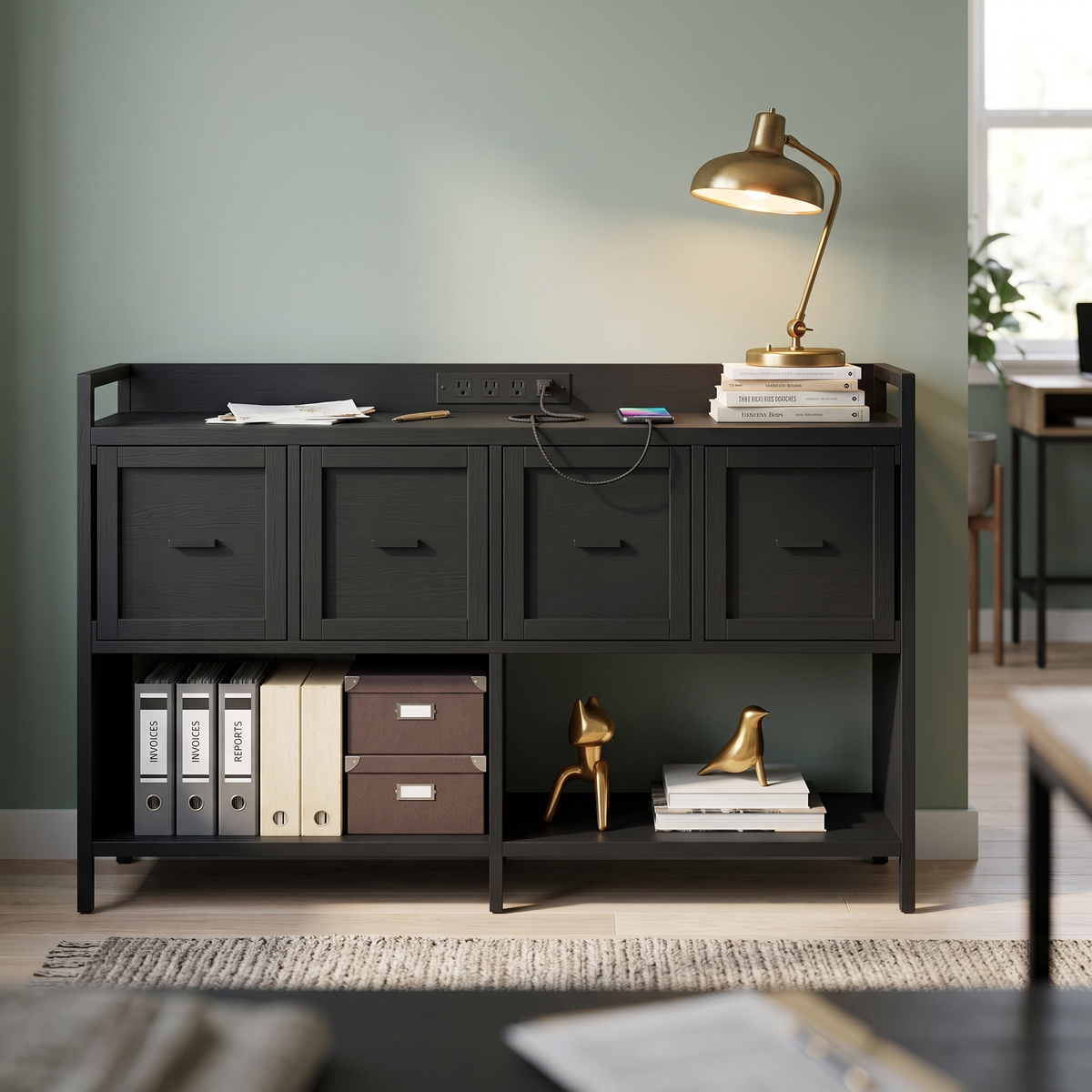 Black 43 inch filing cabinet with built-in power outlet in a home office