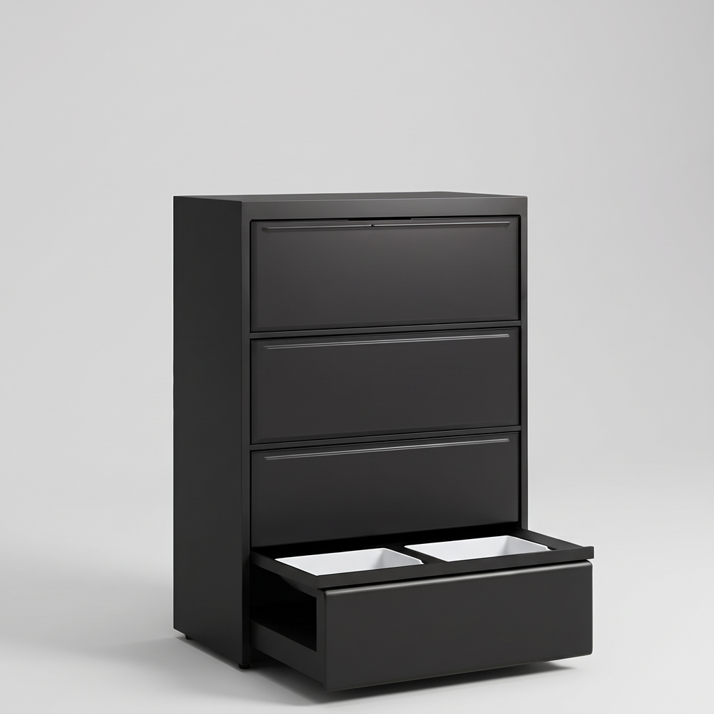 Professional black steel lateral filing cabinet, studio product shot