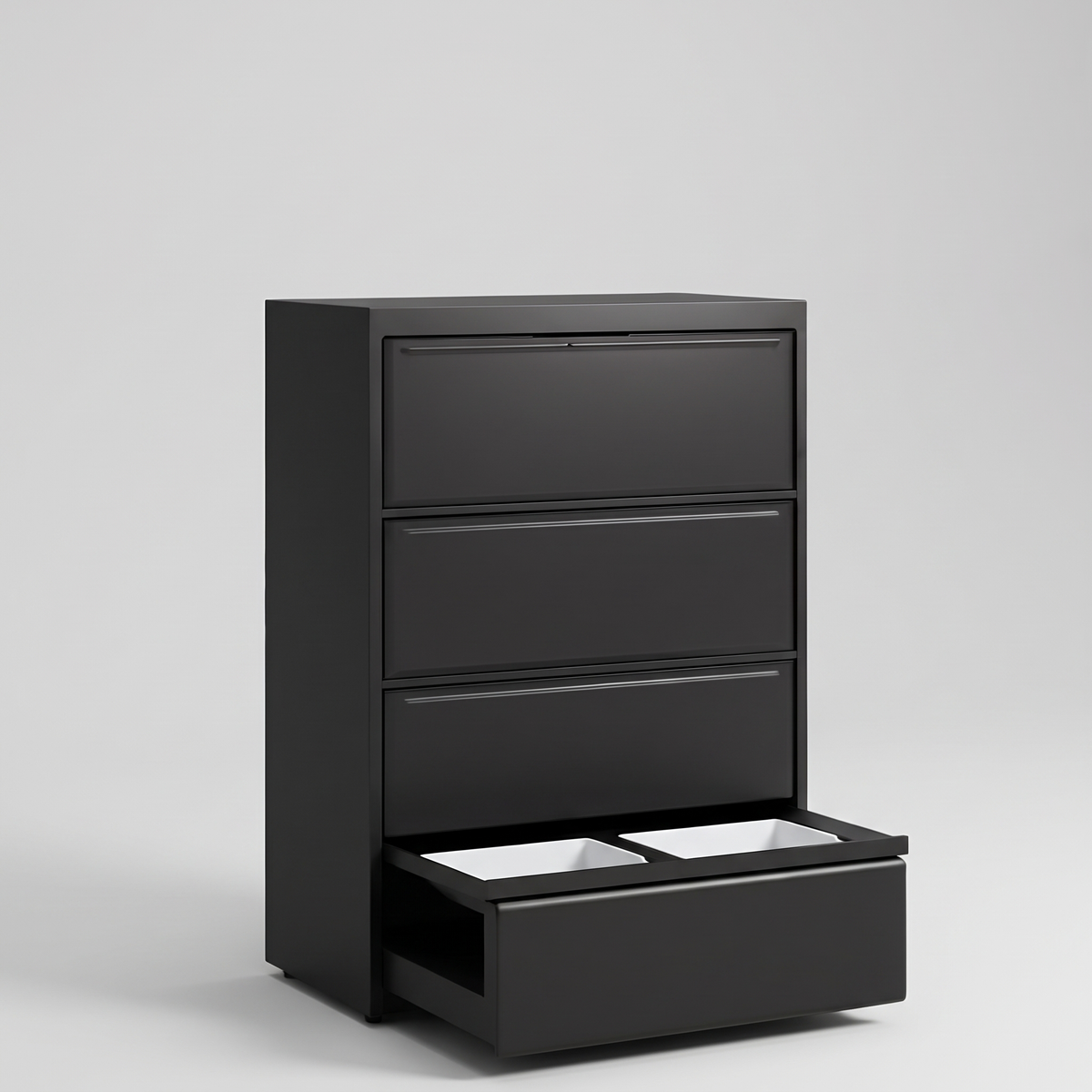 Professional black steel lateral filing cabinet, studio product shot