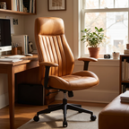 Mid century leather office chair with lumbar support beside a desk in a home office