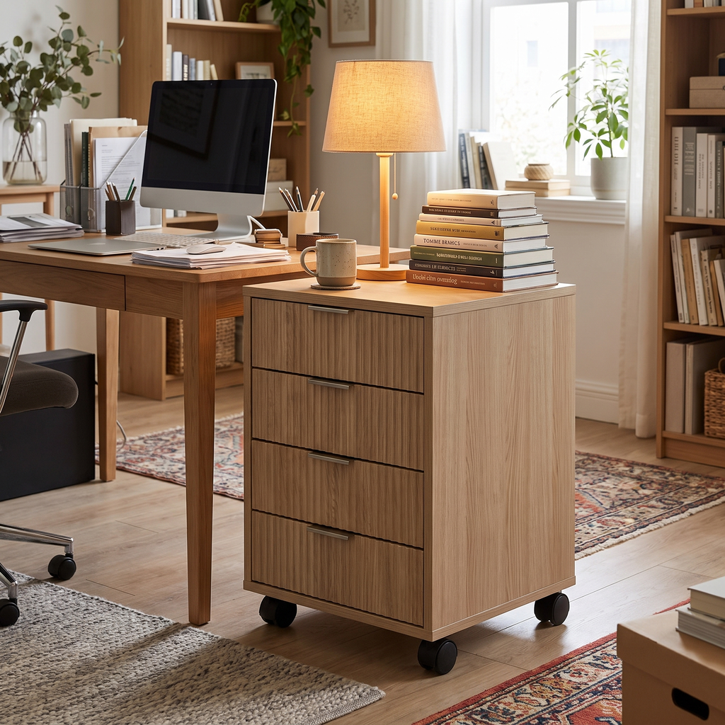 Oakwood five drawer portable filing cabinet beside a desk in a home office