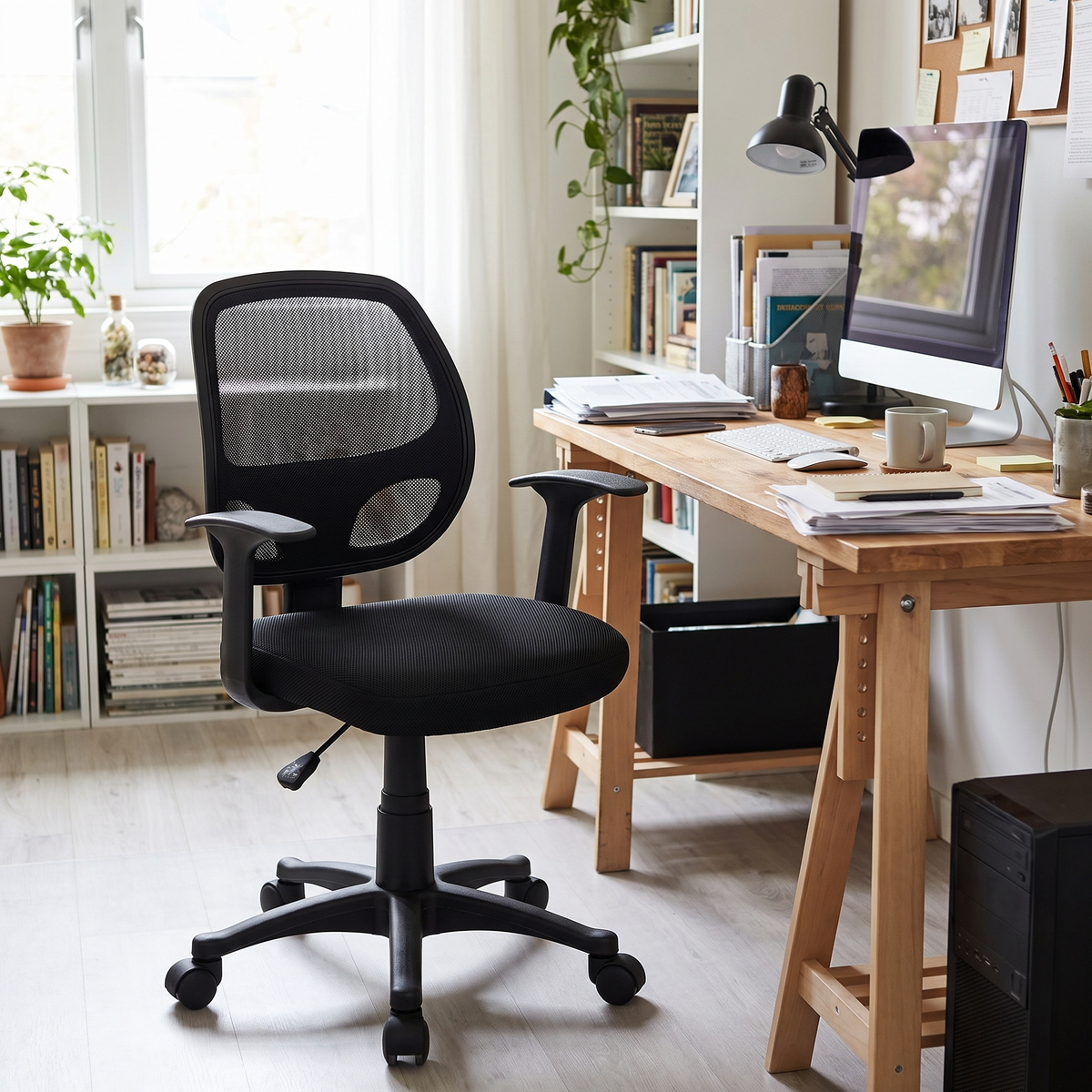 Black mesh mid-back office chair beside a desk in a home office