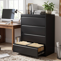 Professional black steel lateral filing cabinet beside a desk in an office