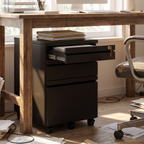 Compact black steel mobile filing cabinet tucked under a desk
