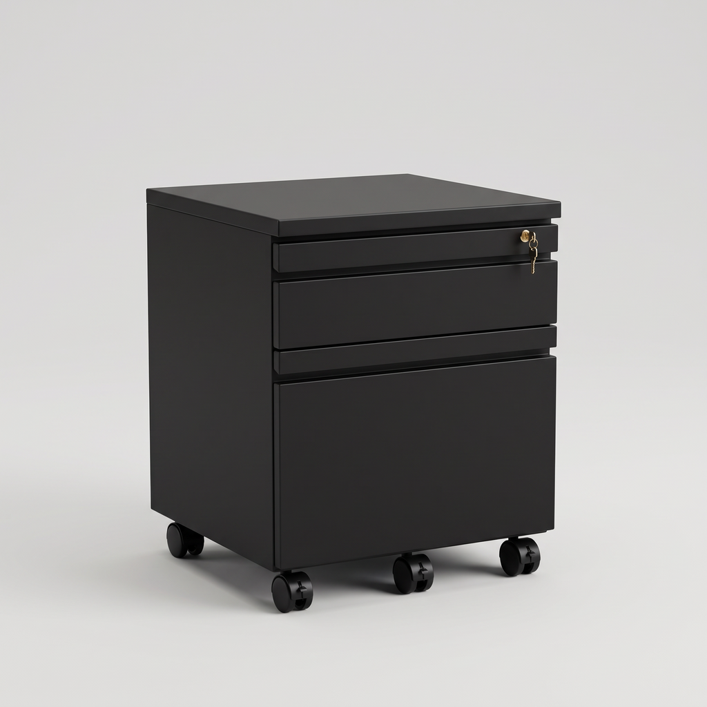 Compact black steel mobile filing cabinet, studio product shot