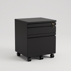 Compact black steel mobile filing cabinet, studio product shot