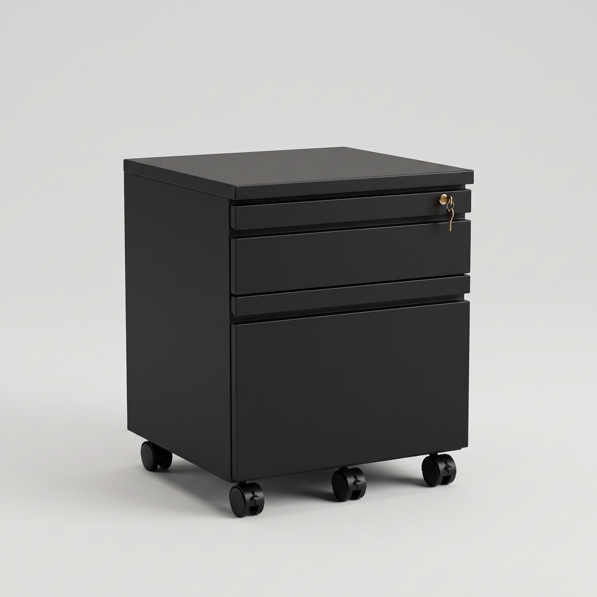 Compact black steel mobile filing cabinet, studio product shot