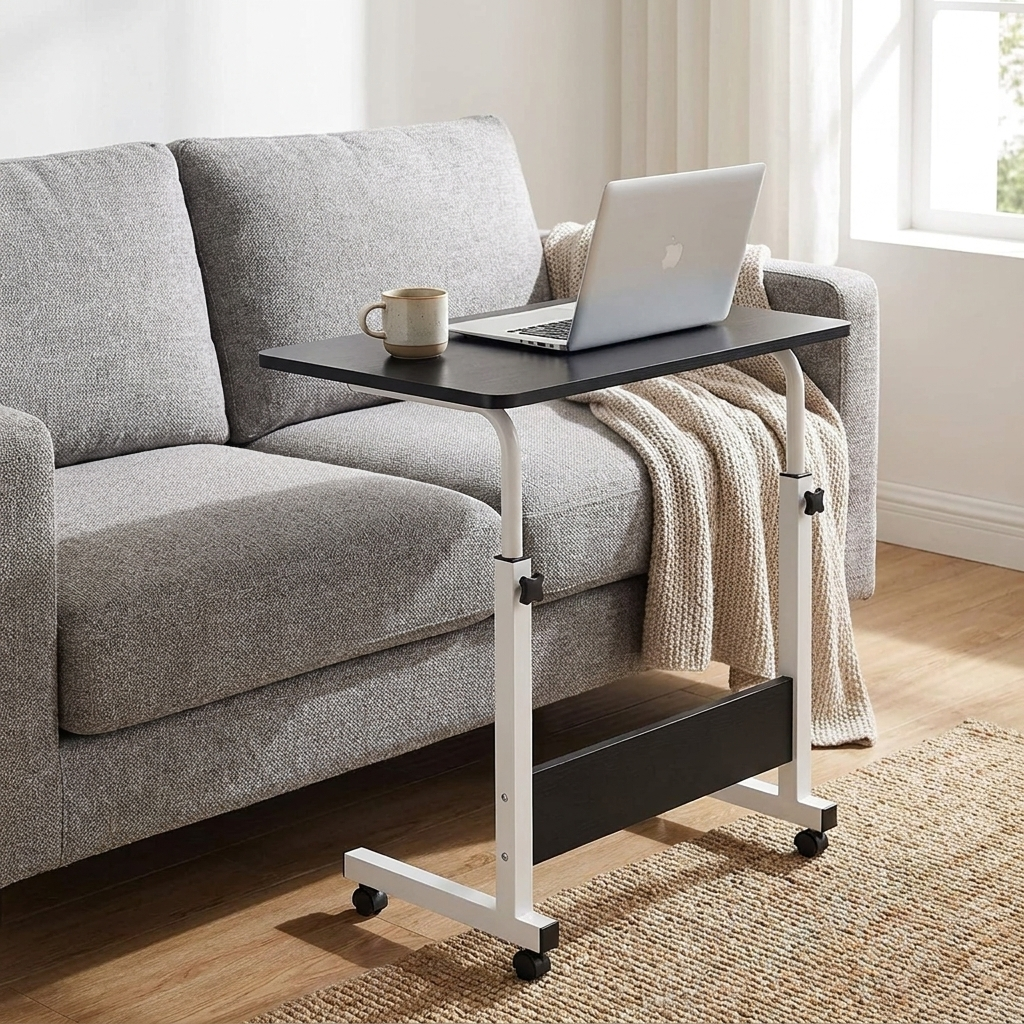 Black height adjustable mobile desk beside a sofa with a laptop