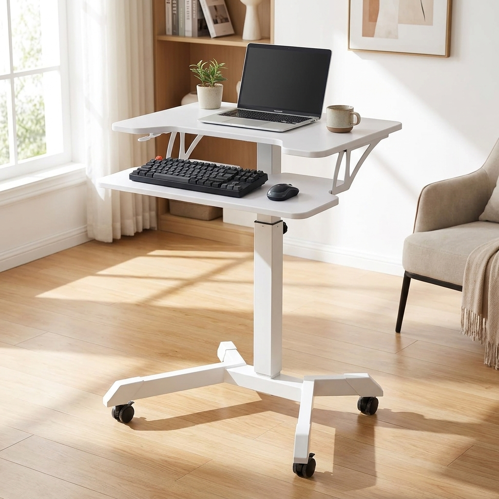 White mobile standing desk with keyboard tray at standing height in a home office