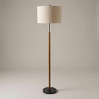 Wood and linen floor lamp, studio product shot