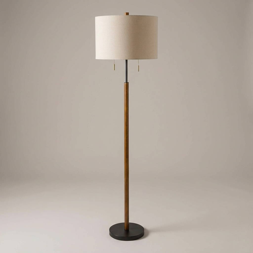 Wood and linen floor lamp, studio product shot