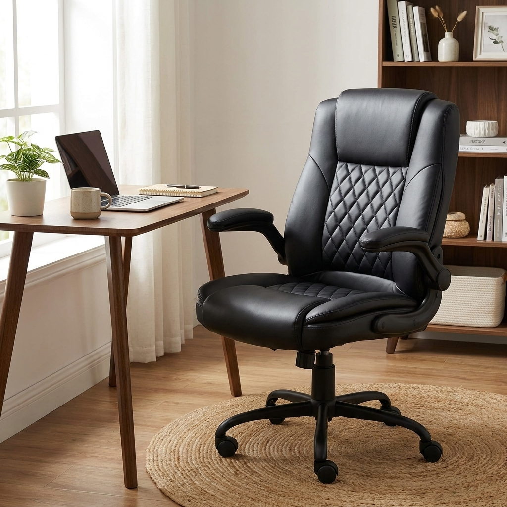 Compact black leather office chair with flip-up armrests at a small desk