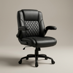Compact black leather office chair with flip-up armrests, studio product shot