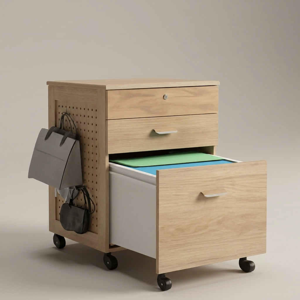 Maple rolling filing cabinet with pegboard sides, studio product shot