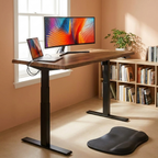 47 inch brown wood-top electric standing desk at standing height in a study