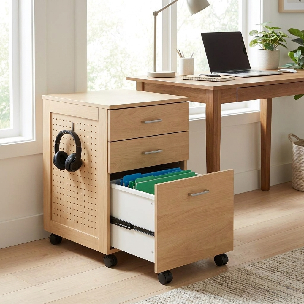 Maple rolling filing cabinet with pegboard sides beside a desk