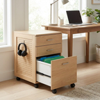 Maple rolling filing cabinet with pegboard sides beside a desk