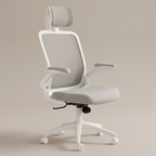 White-frame ergonomic mesh office chair, studio product shot