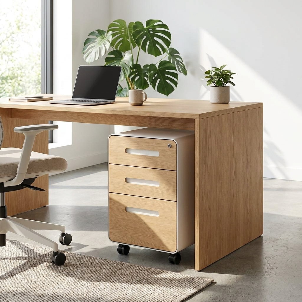 White steel three-drawer lockable filing cabinet under a desk in a bright office
