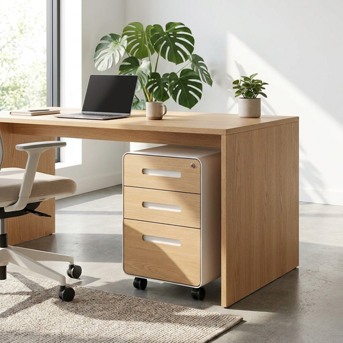 White steel three-drawer lockable filing cabinet under a desk in a bright office