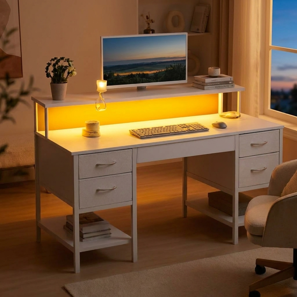 47 inch desk with fabric drawers and LED lighting in a home office at dusk
