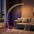 Curved LED floor lamp glowing in a living room corner at night
