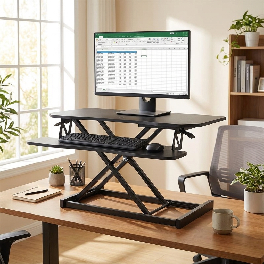 X-frame standing desk converter raised on a desk with a monitor and keyboard