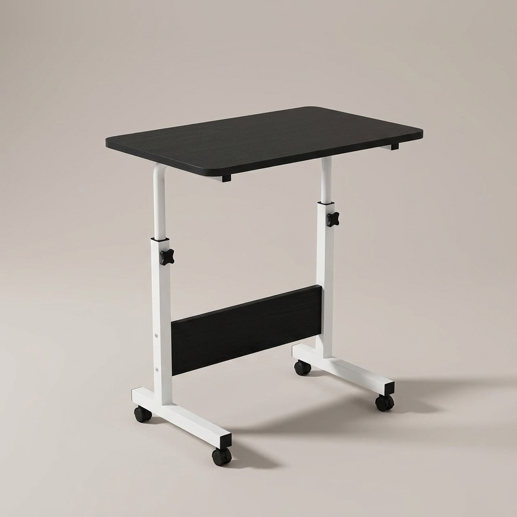 Black height adjustable mobile desk, studio product shot